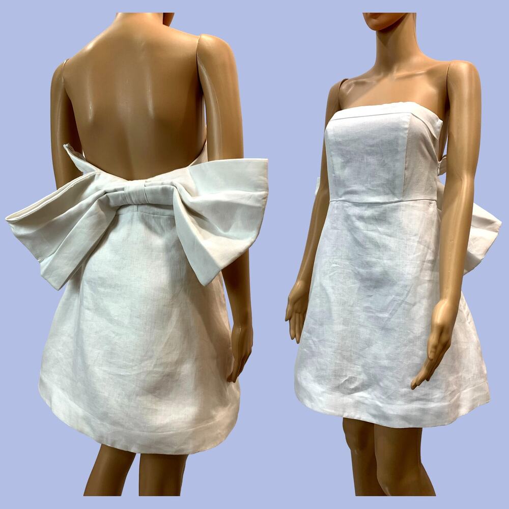 New DISSH Aisle White Linen Back Bow Mini Dress | size 4